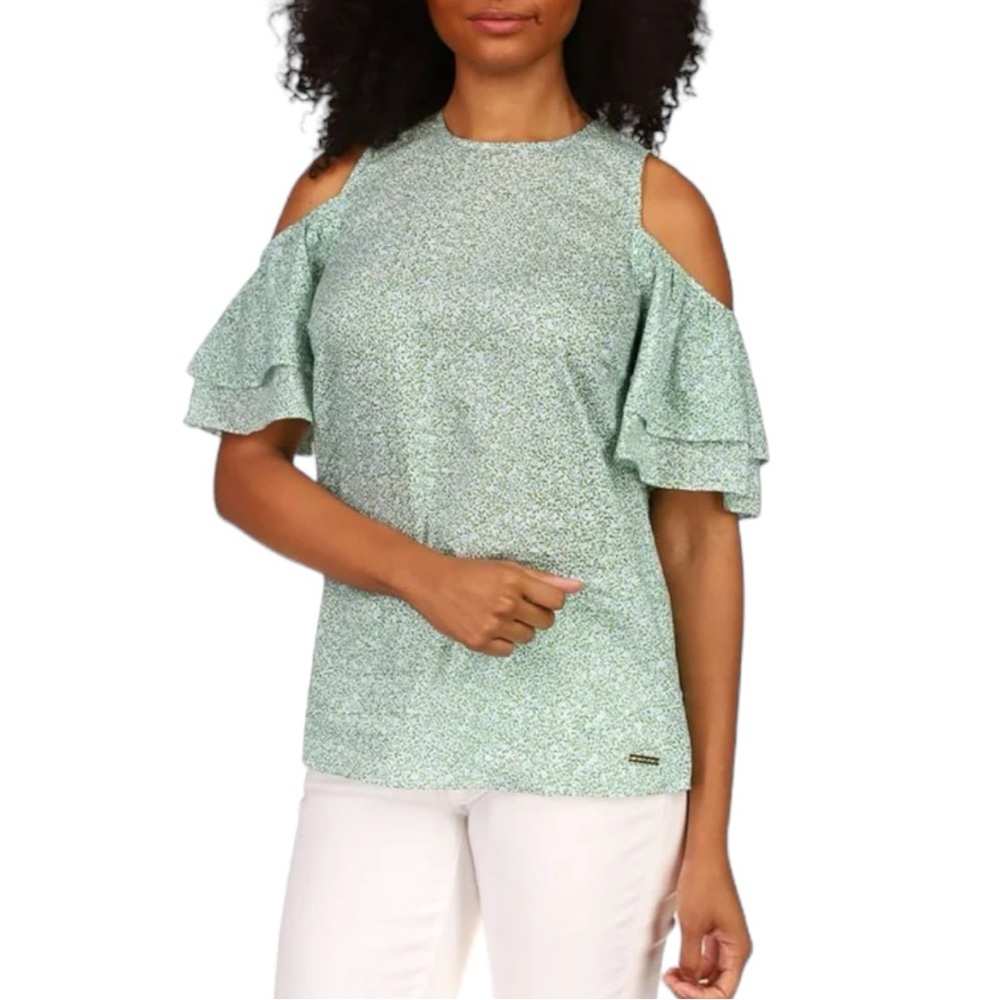 Michael Kors Women's Cotton Cold Shoulder Tiered-Sleeve Top Floral Size Small